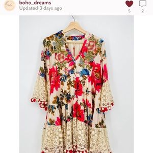 Raga Cream Floral V-Neck Lace Pom Pom Boho Dress